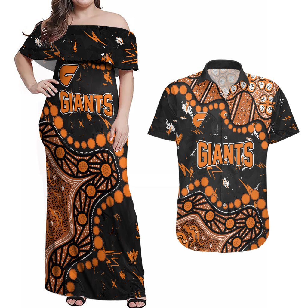 Personalized Greater Western Sydney Giants Couples Matching Off Shoulder Maxi Dress and Hawaiian Shirt Aboriginal Pattern with Graffiti Style