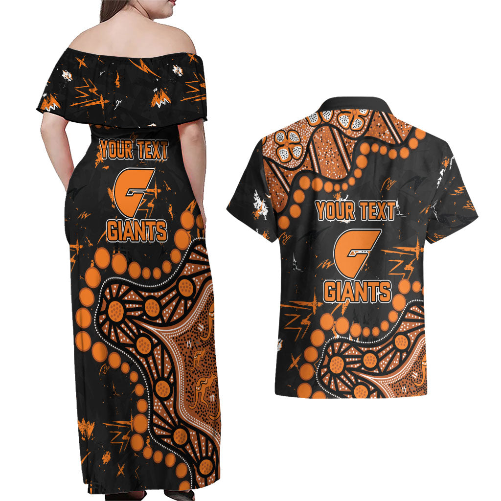 Personalized Greater Western Sydney Giants Couples Matching Off Shoulder Maxi Dress and Hawaiian Shirt Aboriginal Pattern with Graffiti Style