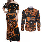 Personalized Greater Western Sydney Giants Couples Matching Off Shoulder Maxi Dress and Long Sleeve Button Shirt Aboriginal Pattern with Graffiti Style