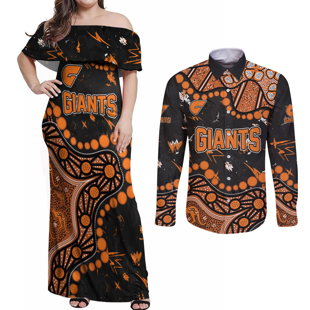 Personalized Greater Western Sydney Giants Couples Matching Off Shoulder Maxi Dress and Long Sleeve Button Shirt Aboriginal Pattern with Graffiti Style