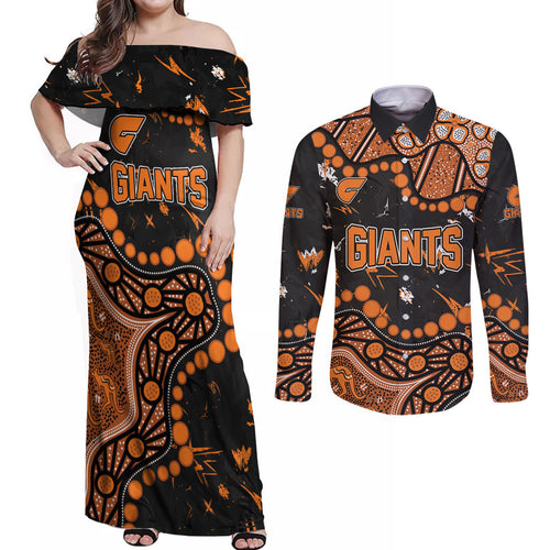 Personalized Greater Western Sydney Giants Couples Matching Off Shoulder Maxi Dress and Long Sleeve Button Shirt Aboriginal Pattern with Graffiti Style