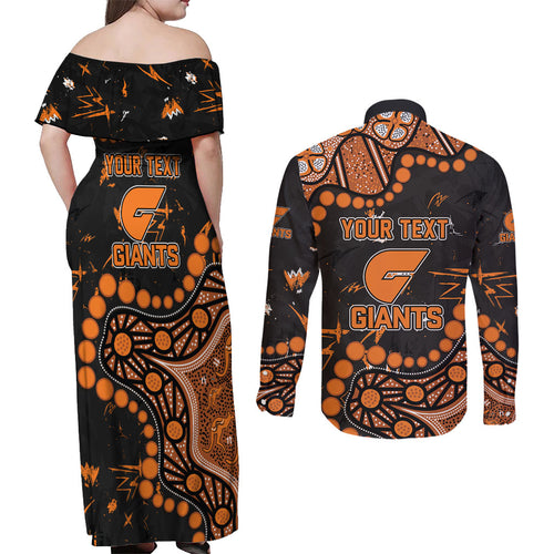 Personalized Greater Western Sydney Giants Couples Matching Off Shoulder Maxi Dress and Long Sleeve Button Shirt Aboriginal Pattern with Graffiti Style