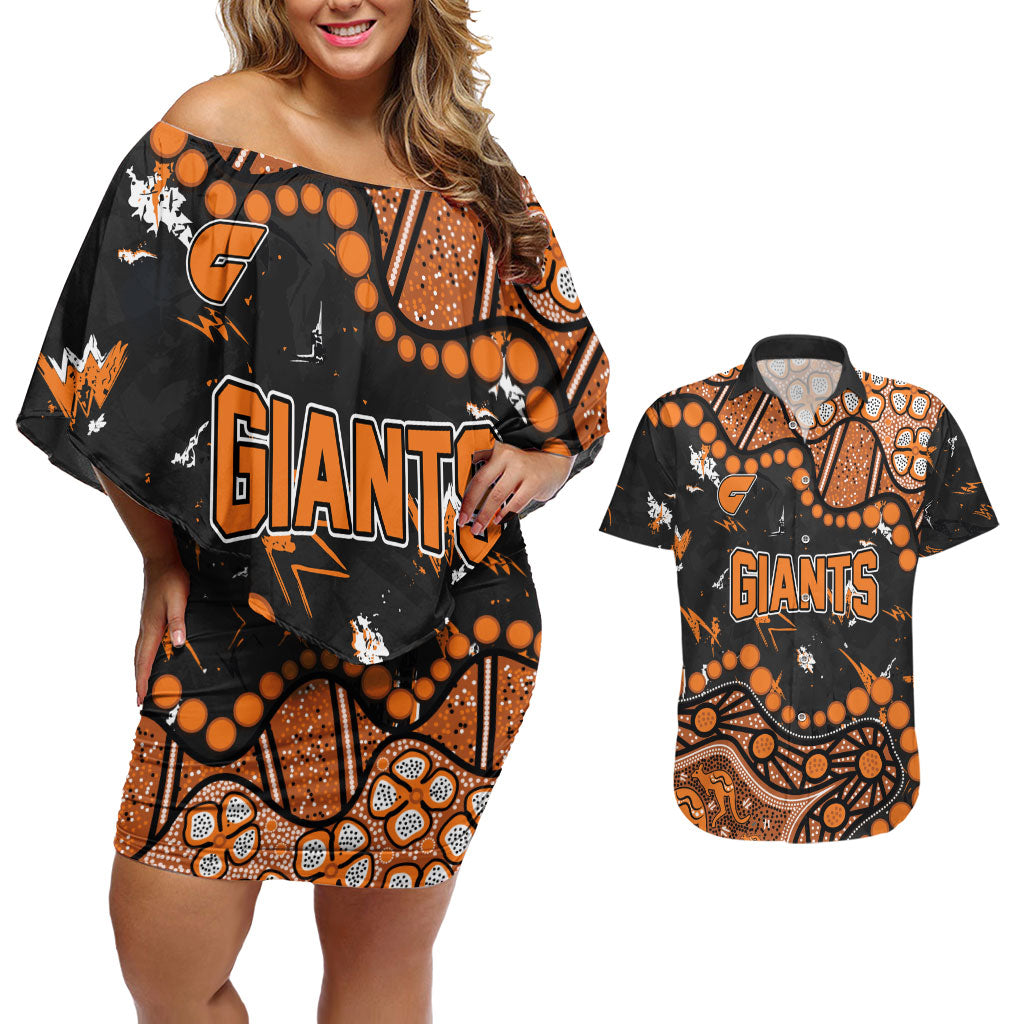 Personalized Greater Western Sydney Giants Couples Matching Off Shoulder Short Dress and Hawaiian Shirt Aboriginal Pattern with Graffiti Style