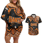 Personalized Greater Western Sydney Giants Couples Matching Off Shoulder Short Dress and Hawaiian Shirt Aboriginal Pattern with Graffiti Style