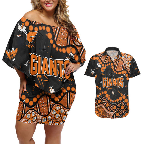 Personalized Greater Western Sydney Giants Couples Matching Off Shoulder Short Dress and Hawaiian Shirt Aboriginal Pattern with Graffiti Style