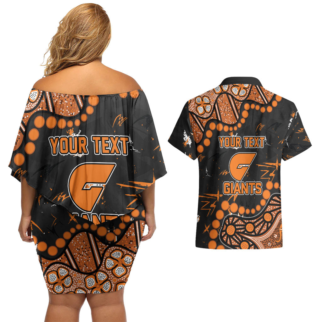 Personalized Greater Western Sydney Giants Couples Matching Off Shoulder Short Dress and Hawaiian Shirt Aboriginal Pattern with Graffiti Style