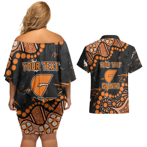 Personalized Greater Western Sydney Giants Couples Matching Off Shoulder Short Dress and Hawaiian Shirt Aboriginal Pattern with Graffiti Style