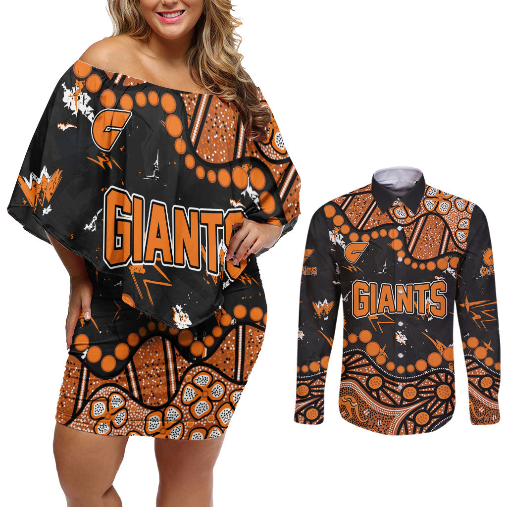 Personalized Greater Western Sydney Giants Couples Matching Off Shoulder Short Dress and Long Sleeve Button Shirt Aboriginal Pattern with Graffiti Style