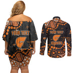 Personalized Greater Western Sydney Giants Couples Matching Off Shoulder Short Dress and Long Sleeve Button Shirt Aboriginal Pattern with Graffiti Style