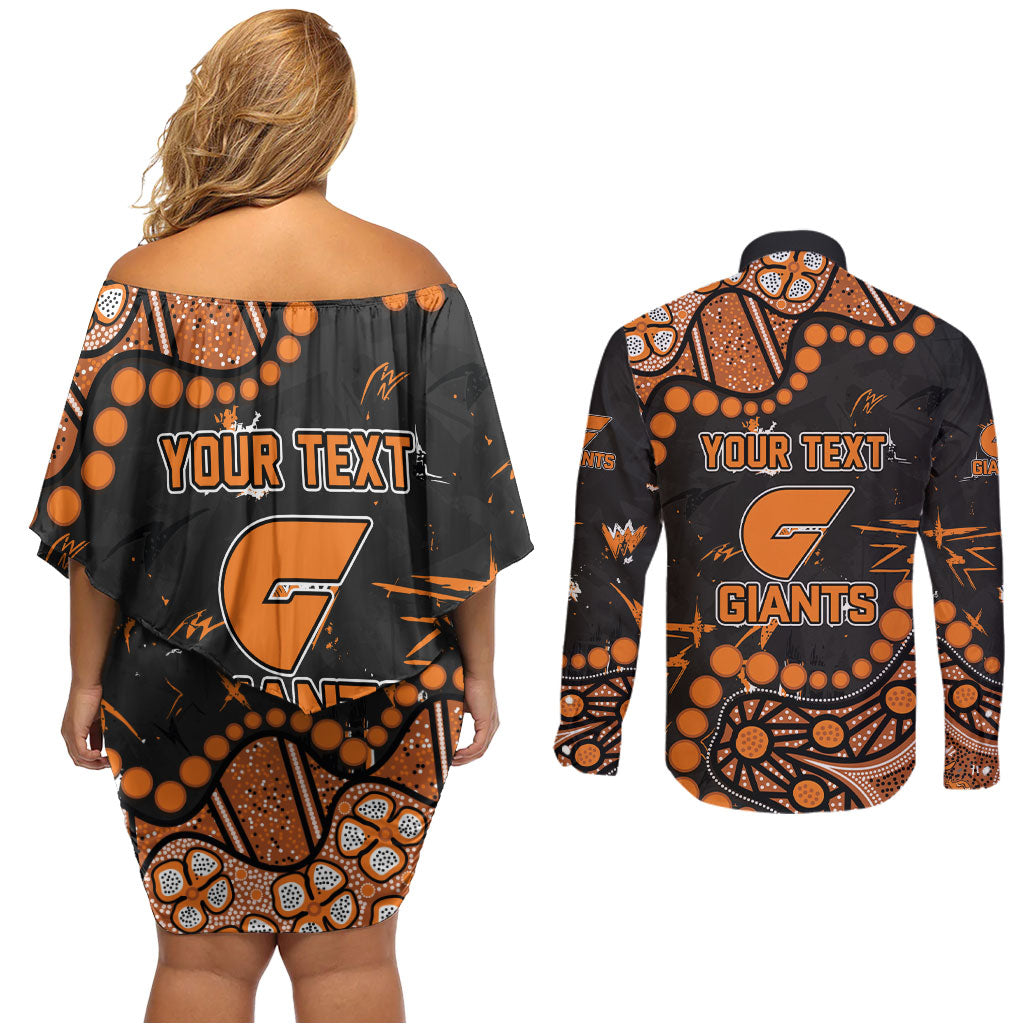Personalized Greater Western Sydney Giants Couples Matching Off Shoulder Short Dress and Long Sleeve Button Shirt Aboriginal Pattern with Graffiti Style