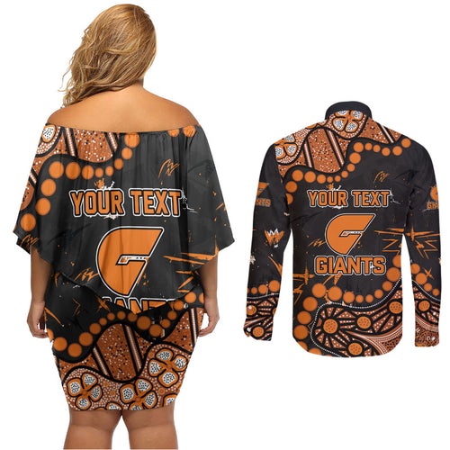 Personalized Greater Western Sydney Giants Couples Matching Off Shoulder Short Dress and Long Sleeve Button Shirt Aboriginal Pattern with Graffiti Style