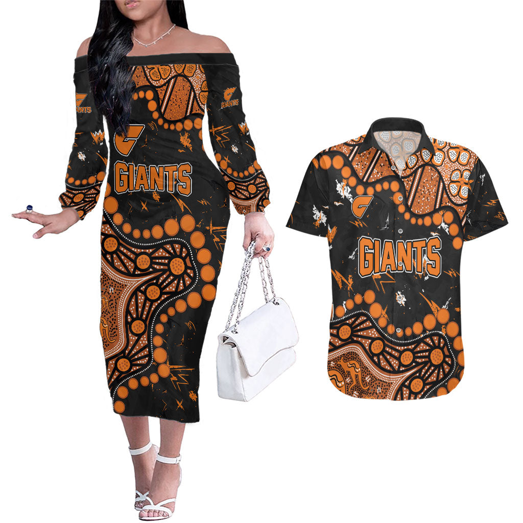 Personalized Greater Western Sydney Giants Couples Matching Off The Shoulder Long Sleeve Dress and Hawaiian Shirt Aboriginal Pattern with Graffiti Style