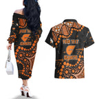 Personalized Greater Western Sydney Giants Couples Matching Off The Shoulder Long Sleeve Dress and Hawaiian Shirt Aboriginal Pattern with Graffiti Style