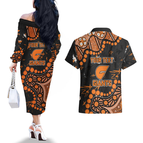 Personalized Greater Western Sydney Giants Couples Matching Off The Shoulder Long Sleeve Dress and Hawaiian Shirt Aboriginal Pattern with Graffiti Style