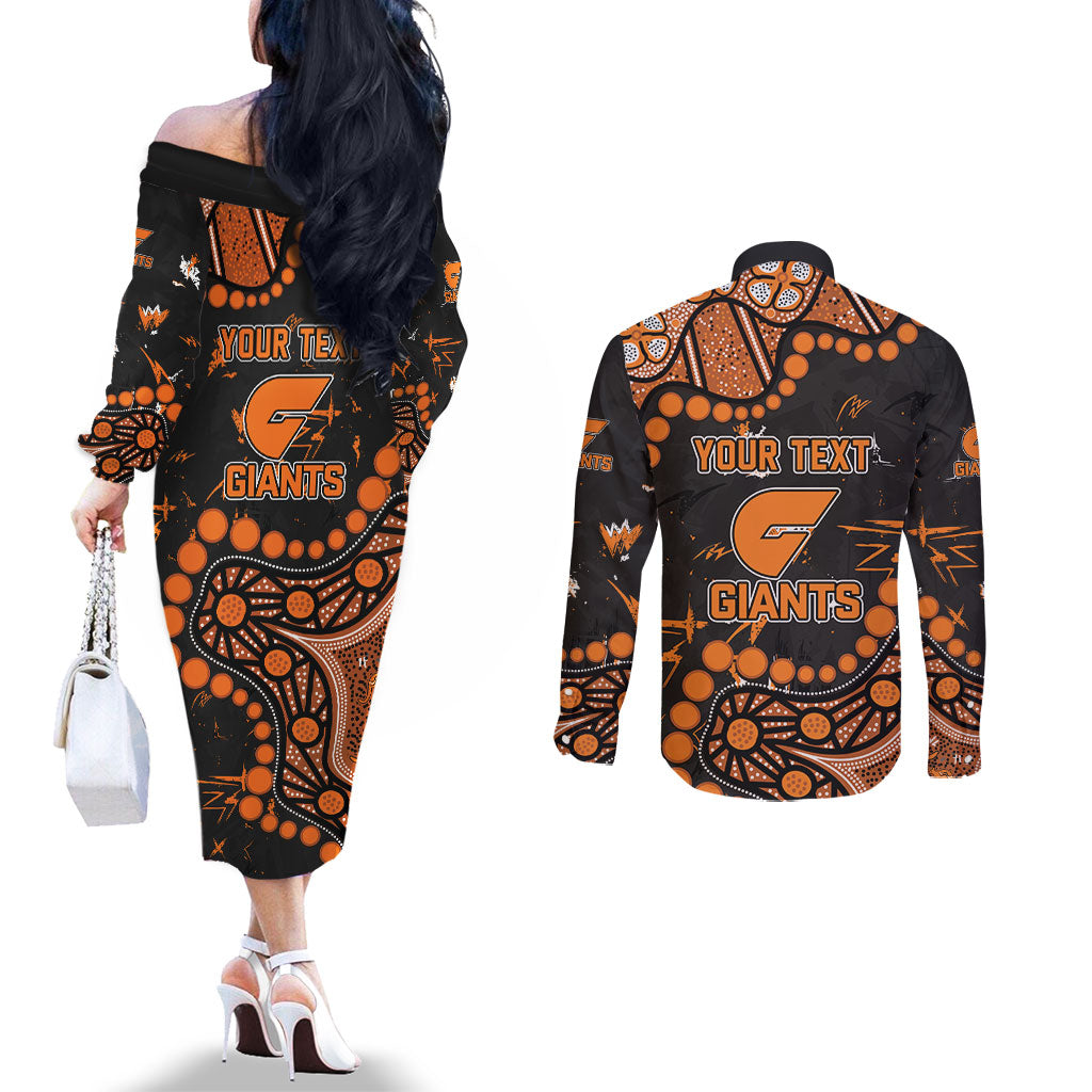 Personalized Greater Western Sydney Giants Couples Matching Off The Shoulder Long Sleeve Dress and Long Sleeve Button Shirt Aboriginal Pattern with Graffiti Style
