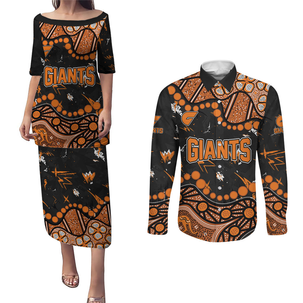 Personalized Greater Western Sydney Giants Couples Matching Puletasi and Long Sleeve Button Shirt Aboriginal Pattern with Graffiti Style