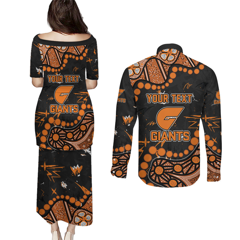 Personalized Greater Western Sydney Giants Couples Matching Puletasi and Long Sleeve Button Shirt Aboriginal Pattern with Graffiti Style