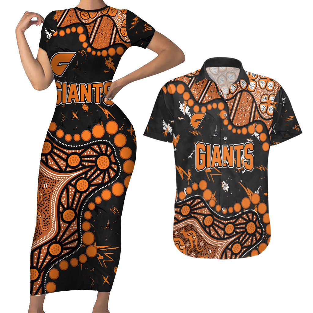 Personalized Greater Western Sydney Giants Couples Matching Short Sleeve Bodycon Dress and Hawaiian Shirt Aboriginal Pattern with Graffiti Style
