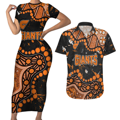 Personalized Greater Western Sydney Giants Couples Matching Short Sleeve Bodycon Dress and Hawaiian Shirt Aboriginal Pattern with Graffiti Style