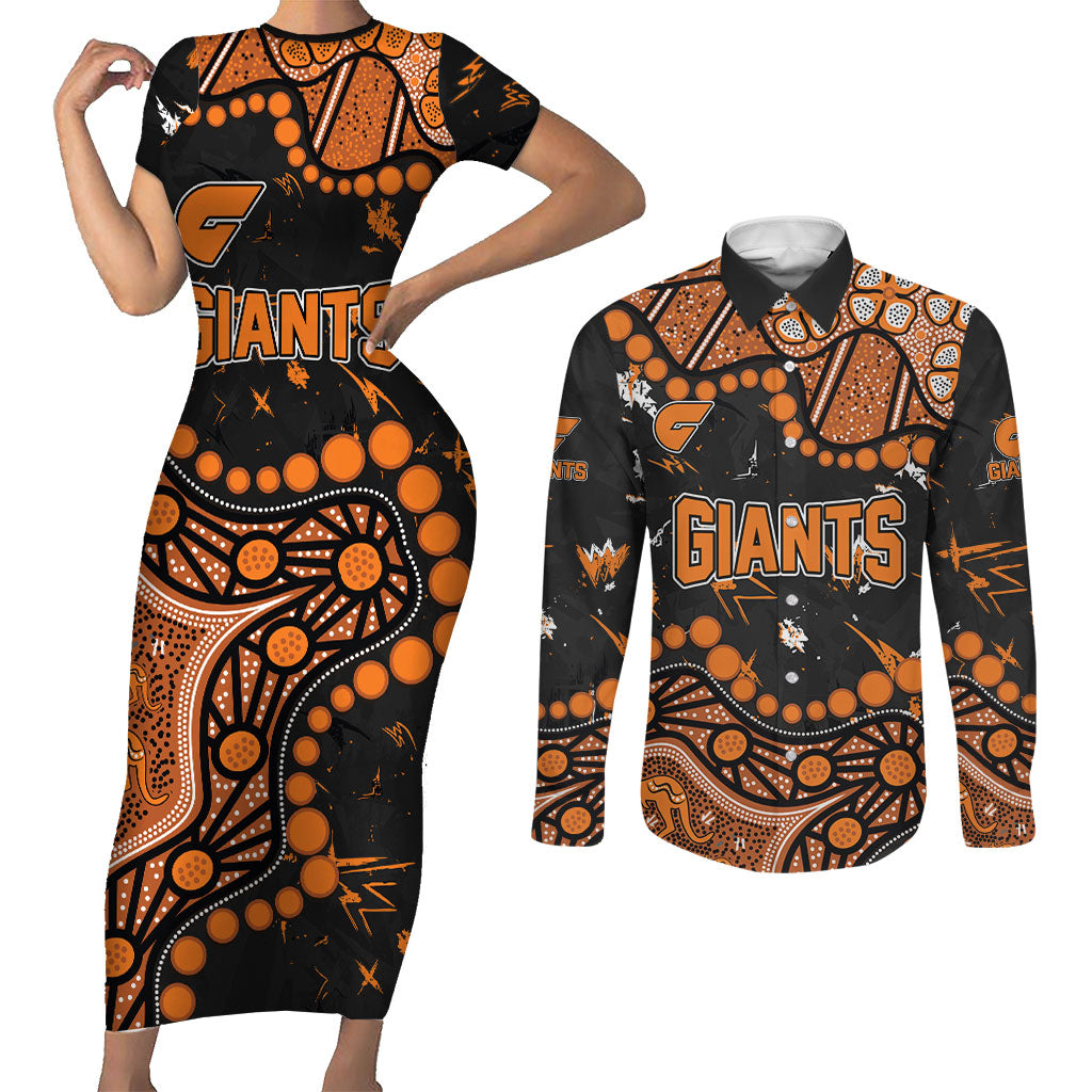 Personalized Greater Western Sydney Giants Couples Matching Short Sleeve Bodycon Dress and Long Sleeve Button Shirt Aboriginal Pattern with Graffiti Style