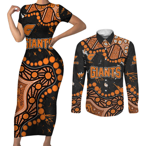 Personalized Greater Western Sydney Giants Couples Matching Short Sleeve Bodycon Dress and Long Sleeve Button Shirt Aboriginal Pattern with Graffiti Style