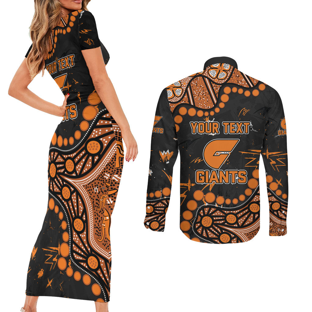 Personalized Greater Western Sydney Giants Couples Matching Short Sleeve Bodycon Dress and Long Sleeve Button Shirt Aboriginal Pattern with Graffiti Style