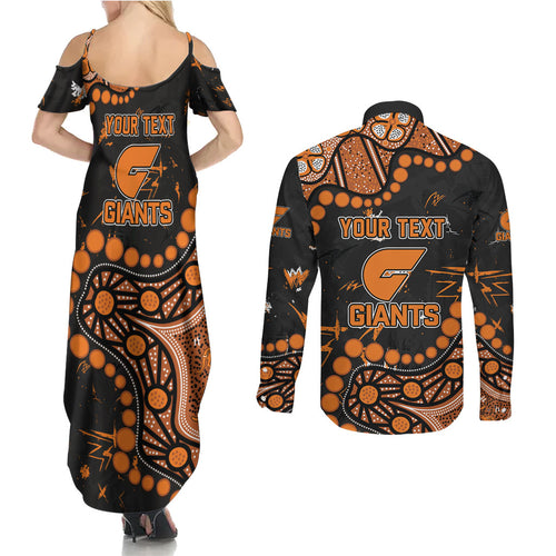 Personalized Greater Western Sydney Giants Couples Matching Summer Maxi Dress and Long Sleeve Button Shirt Aboriginal Pattern with Graffiti Style