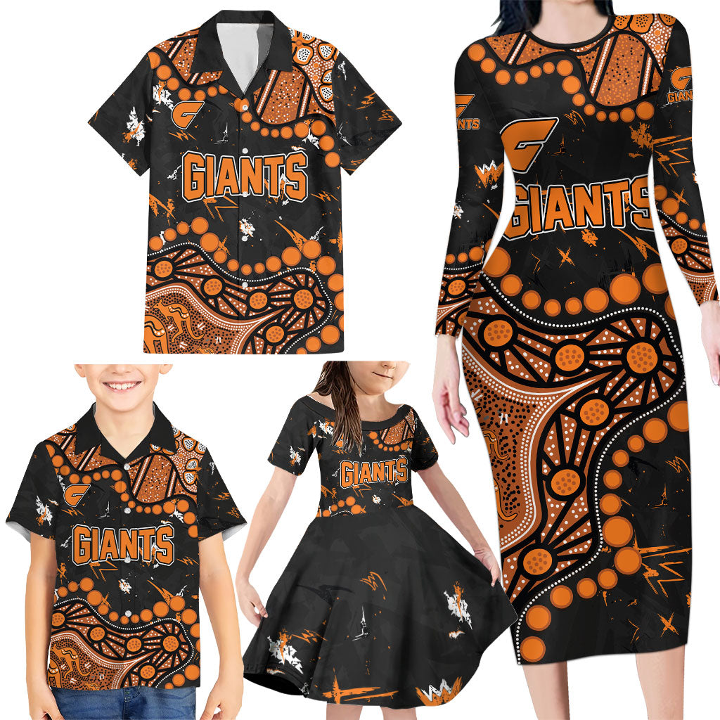 Personalized Greater Western Sydney Giants Family Matching Long Sleeve Bodycon Dress and Hawaiian Shirt Aboriginal Pattern with Graffiti Style