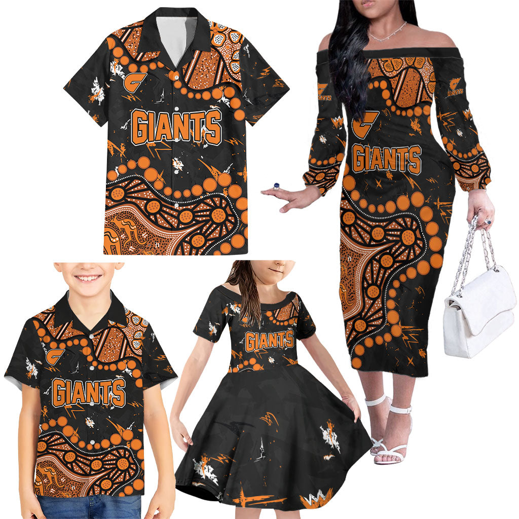 Personalized Greater Western Sydney Giants Family Matching Off The Shoulder Long Sleeve Dress and Hawaiian Shirt Aboriginal Pattern with Graffiti Style