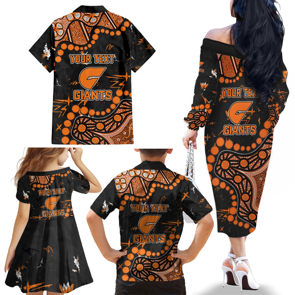 Personalized Greater Western Sydney Giants Family Matching Off The Shoulder Long Sleeve Dress and Hawaiian Shirt Aboriginal Pattern with Graffiti Style