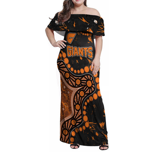 Personalized Greater Western Sydney Giants Family Matching Off Shoulder Maxi Dress and Hawaiian Shirt Aboriginal Pattern with Graffiti Style