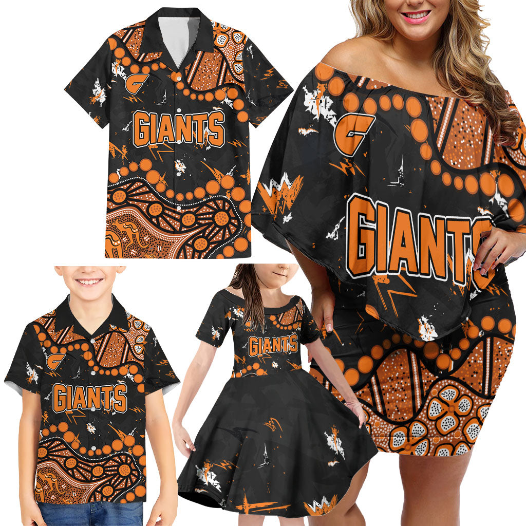 Personalized Greater Western Sydney Giants Family Matching Off Shoulder Short Dress and Hawaiian Shirt Aboriginal Pattern with Graffiti Style