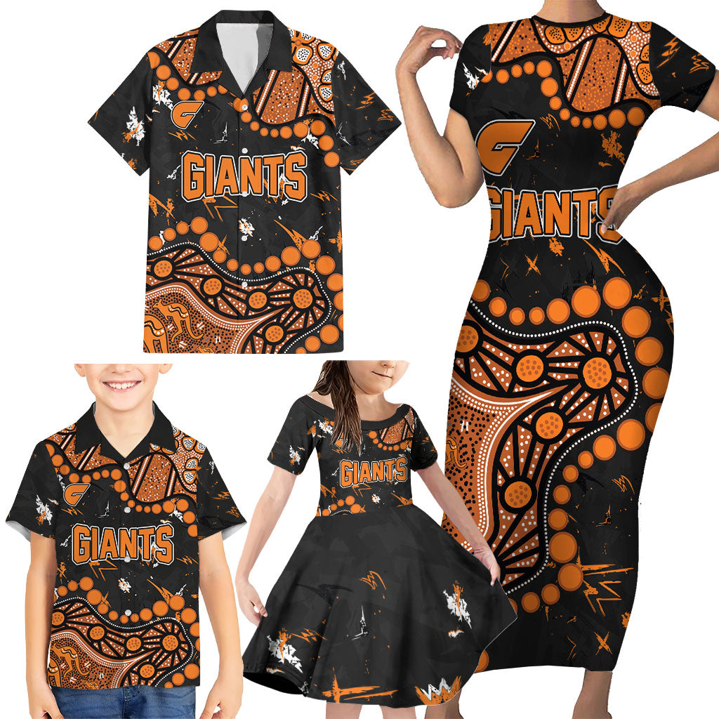 Personalized Greater Western Sydney Giants Family Matching Short Sleeve Bodycon Dress and Hawaiian Shirt Aboriginal Pattern with Graffiti Style