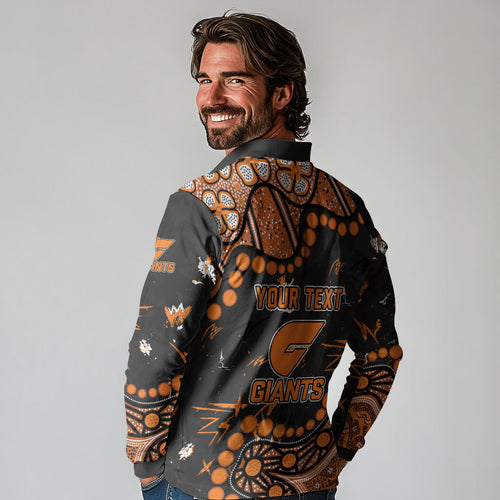 Personalized Greater Western Sydney Giants Long Sleeve Polo Shirt Aboriginal Pattern with Graffiti Style