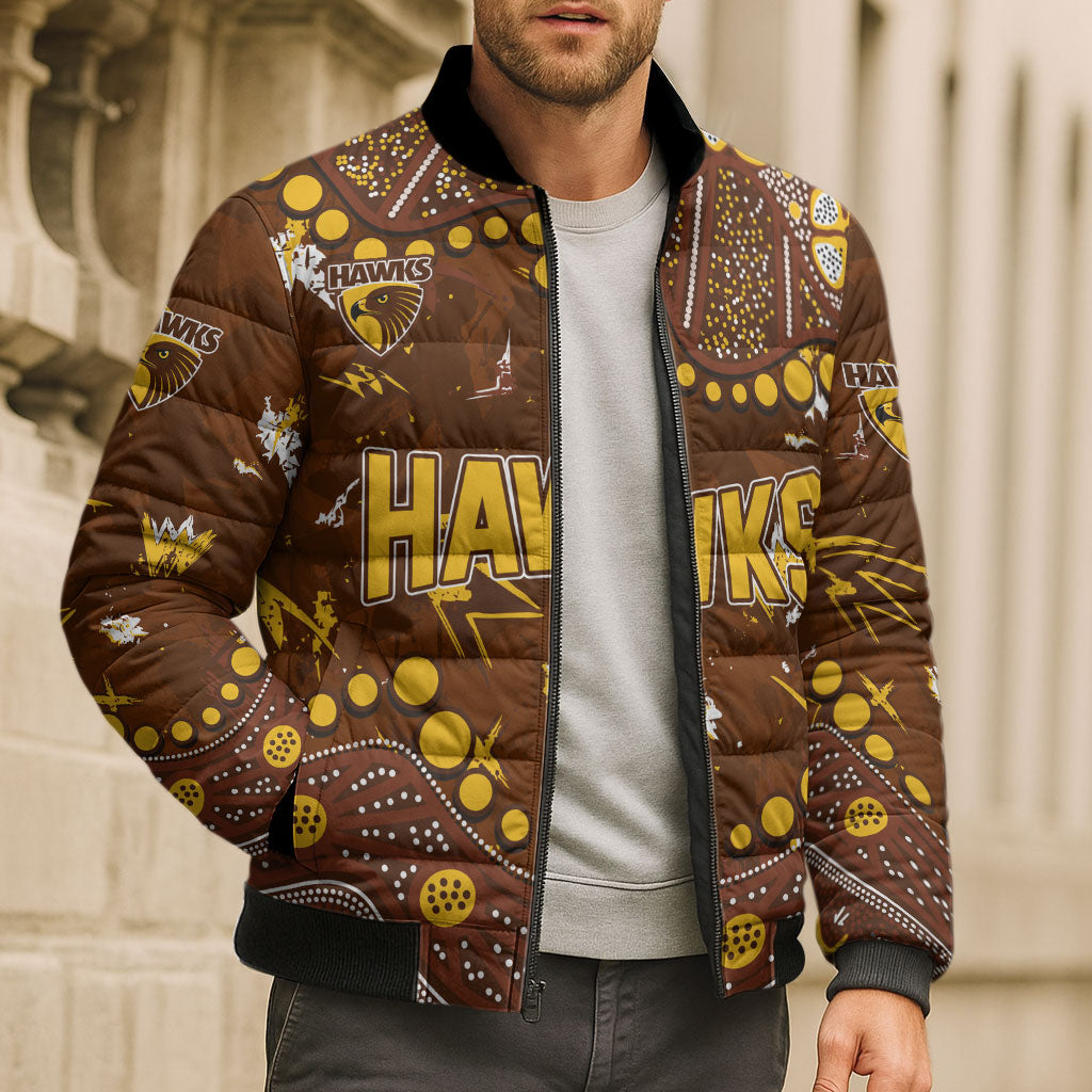 Personalized Hawthorn Hawks Bomber Puffer Jacket Aboriginal Pattern with Graffiti Style