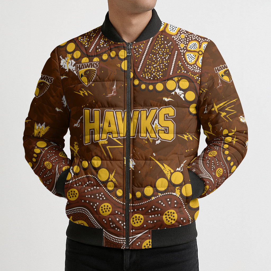 Personalized Hawthorn Hawks Bomber Puffer Jacket Aboriginal Pattern with Graffiti Style