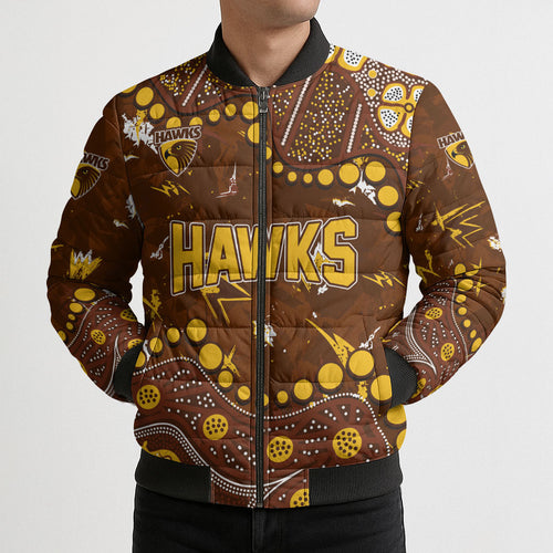 Personalized Hawthorn Hawks Bomber Puffer Jacket Aboriginal Pattern with Graffiti Style