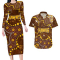 Personalized Hawthorn Hawks Couples Matching Long Sleeve Bodycon Dress and Hawaiian Shirt Aboriginal Pattern with Graffiti Style