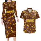 Personalized Hawthorn Hawks Couples Matching Long Sleeve Bodycon Dress and Hawaiian Shirt Aboriginal Pattern with Graffiti Style