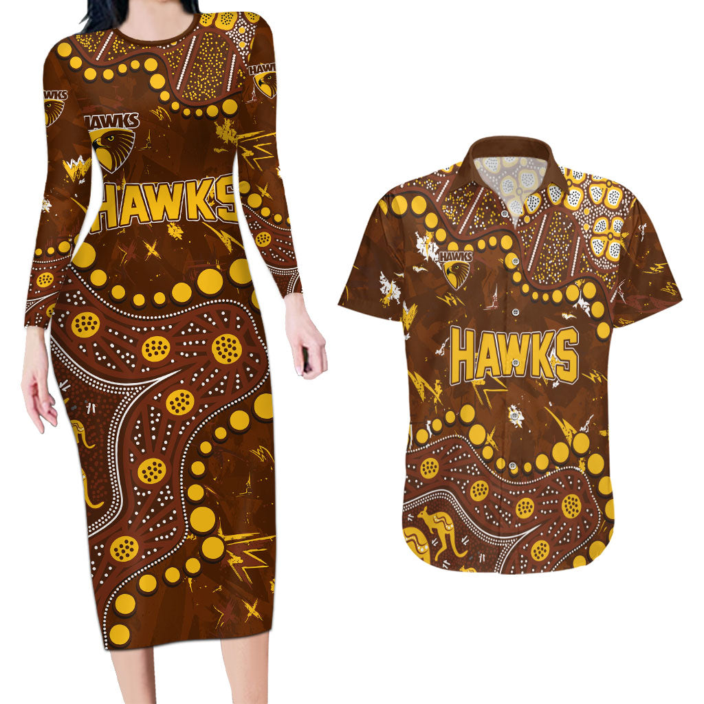 Personalized Hawthorn Hawks Couples Matching Long Sleeve Bodycon Dress and Hawaiian Shirt Aboriginal Pattern with Graffiti Style
