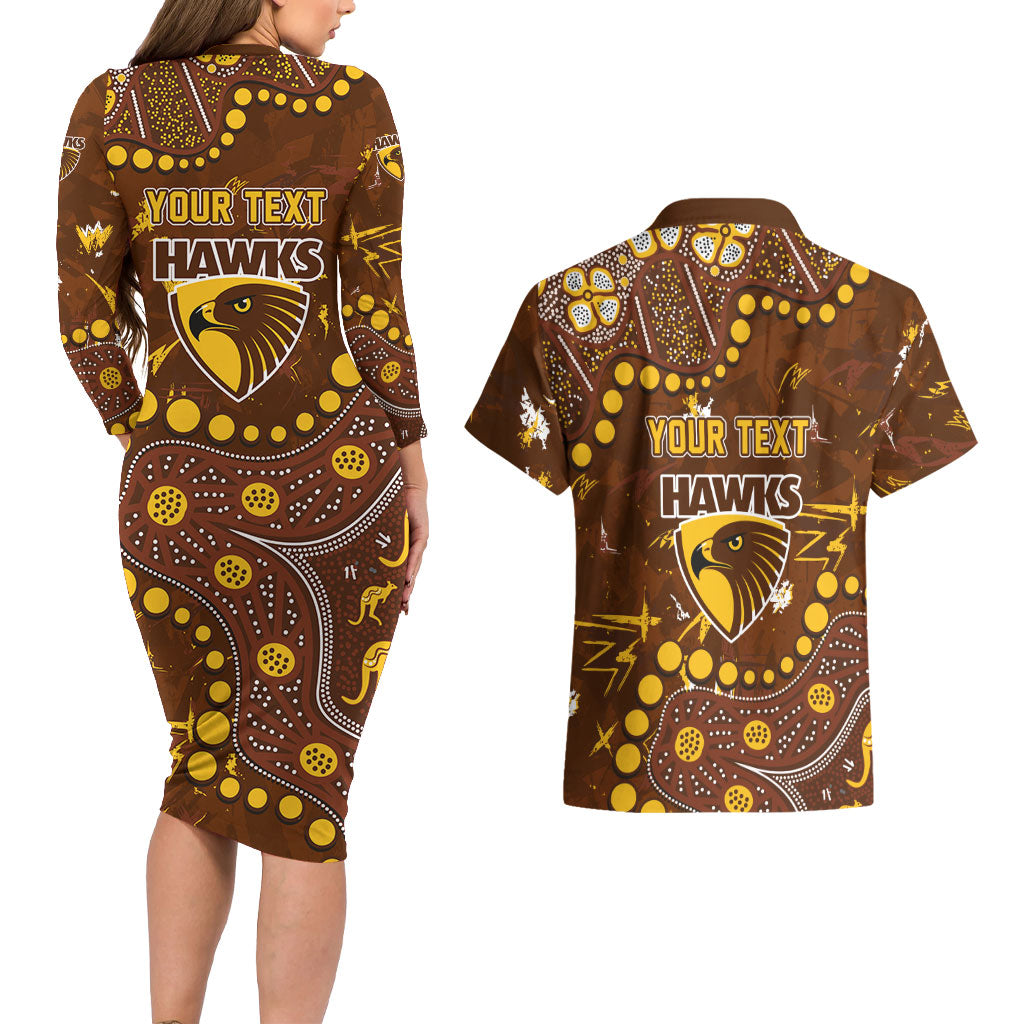 Personalized Hawthorn Hawks Couples Matching Long Sleeve Bodycon Dress and Hawaiian Shirt Aboriginal Pattern with Graffiti Style