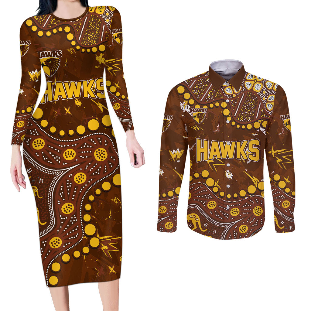 Personalized Hawthorn Hawks Couples Matching Long Sleeve Bodycon Dress and Long Sleeve Button Shirt Aboriginal Pattern with Graffiti Style