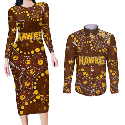 Personalized Hawthorn Hawks Couples Matching Long Sleeve Bodycon Dress and Long Sleeve Button Shirt Aboriginal Pattern with Graffiti Style