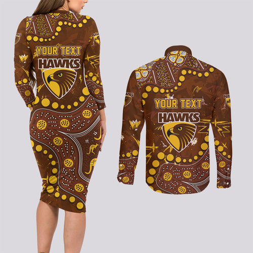 Personalized Hawthorn Hawks Couples Matching Long Sleeve Bodycon Dress and Long Sleeve Button Shirt Aboriginal Pattern with Graffiti Style
