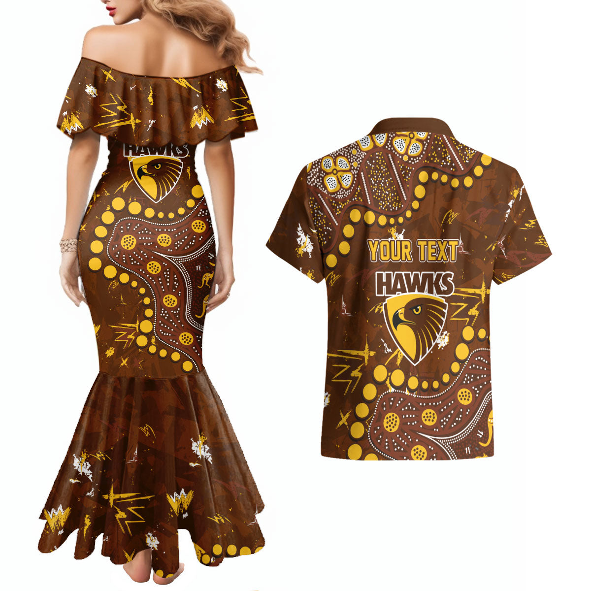 Personalized Hawthorn Hawks Couples Matching Mermaid Dress and Hawaiian Shirt Aboriginal Pattern with Graffiti Style