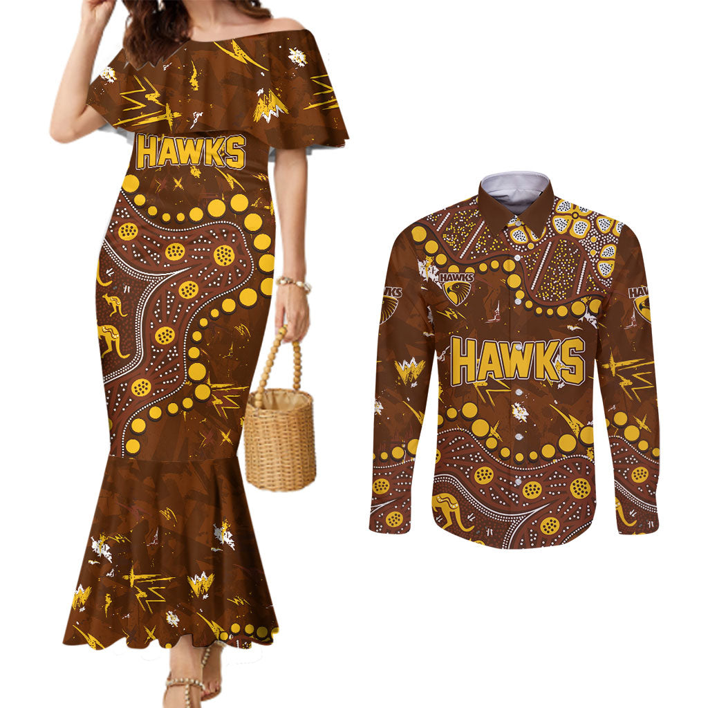 Personalized Hawthorn Hawks Couples Matching Mermaid Dress and Long Sleeve Button Shirt Aboriginal Pattern with Graffiti Style