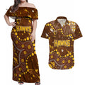 Personalized Hawthorn Hawks Couples Matching Off Shoulder Maxi Dress and Hawaiian Shirt Aboriginal Pattern with Graffiti Style