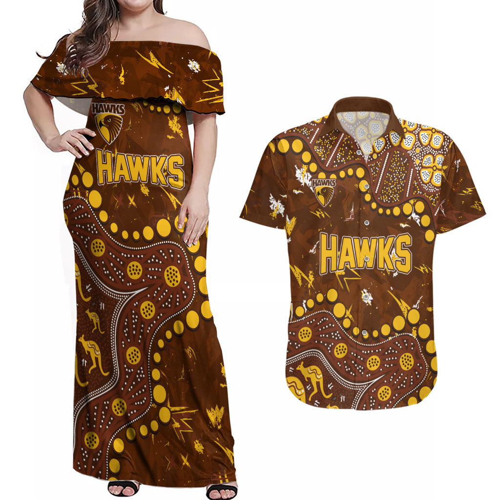 Personalized Hawthorn Hawks Couples Matching Off Shoulder Maxi Dress and Hawaiian Shirt Aboriginal Pattern with Graffiti Style
