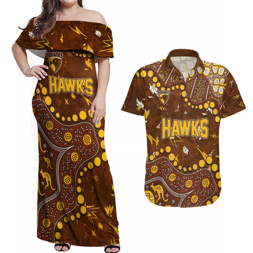 Personalized Hawthorn Hawks Couples Matching Off Shoulder Maxi Dress and Hawaiian Shirt Aboriginal Pattern with Graffiti Style