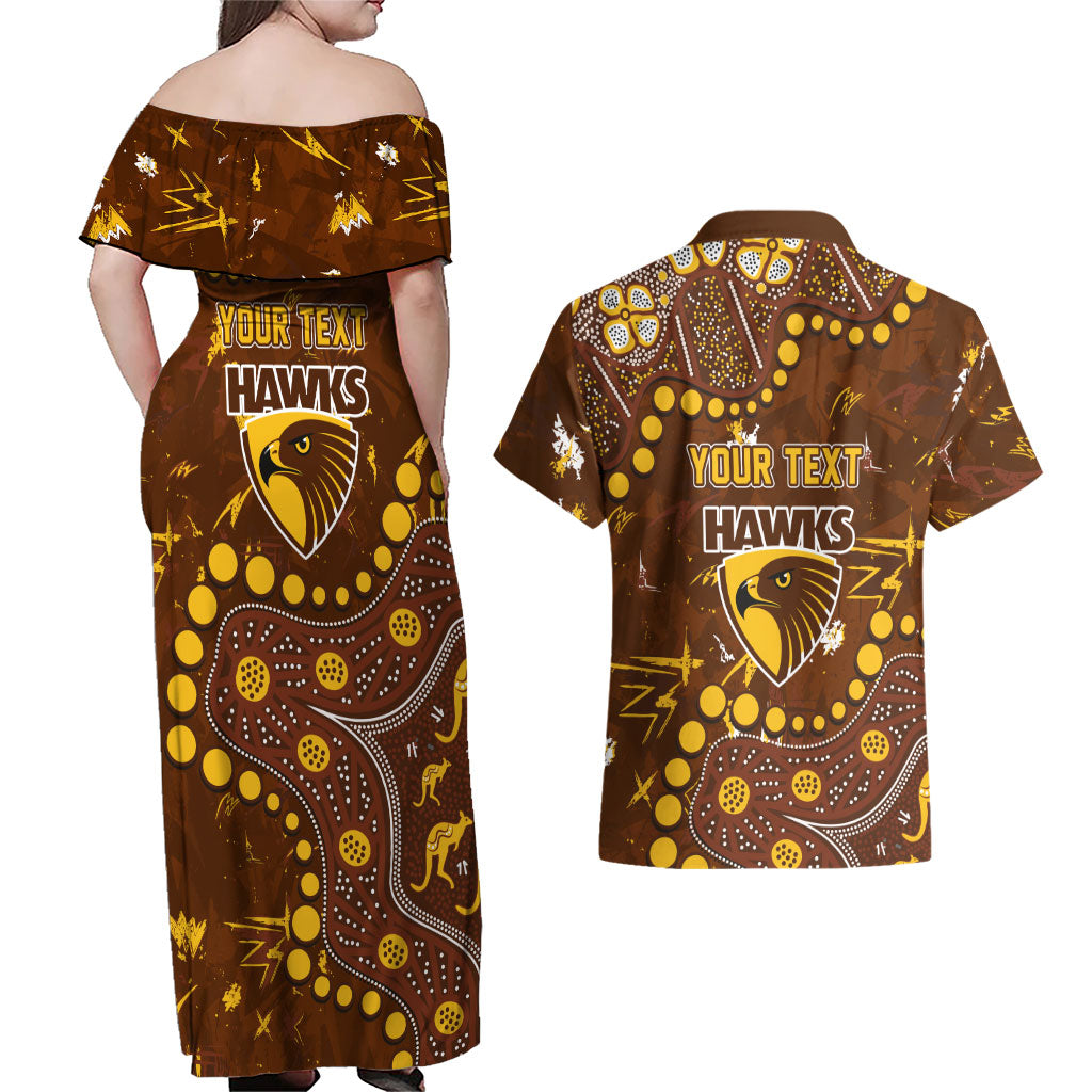 Personalized Hawthorn Hawks Couples Matching Off Shoulder Maxi Dress and Hawaiian Shirt Aboriginal Pattern with Graffiti Style